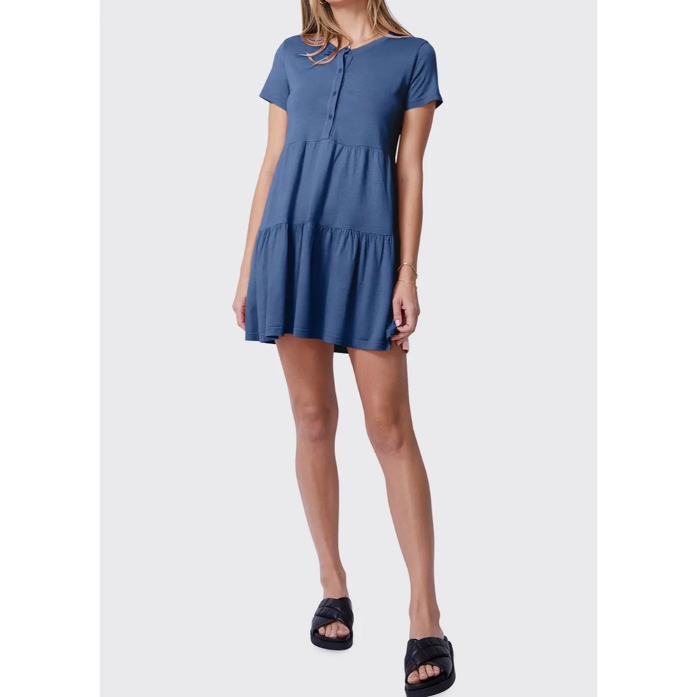 Monrow Short Sleeve Henley Dress - Blue